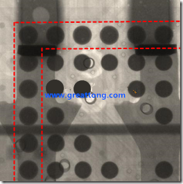 BGA錫球尺寸小于0.4mm，采用降低BGA內圍襲球的錫膏量所得到X-Ray，稍微留意一下可以發現最外圈的錫量(圓的直徑)比其他內圍的錫球上的錫量來得多一點點。也就是外圈的黑色圓形直徑比內圈的圓形來得大一點點。