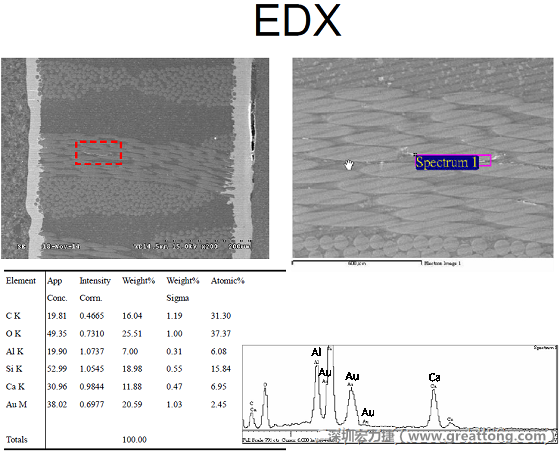 ACF(Conductive Anodic Filament，導墊性細絲物，陽極性玻璃纖維絲漏電現象)。用EDX打出來Au(金)的元素介于通孔與盲孔之間第一個位置。