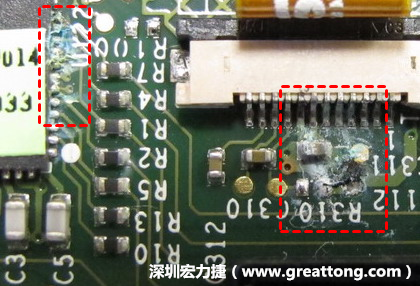 電路板疑似腐蝕氧化，懷疑電流異常過熱造成
