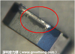 使用錫(Sn)鍍層的電源電感器(Power Inductors)，經過推力測試后，其焊點還保留在零件的端點上，所以推力比較高。