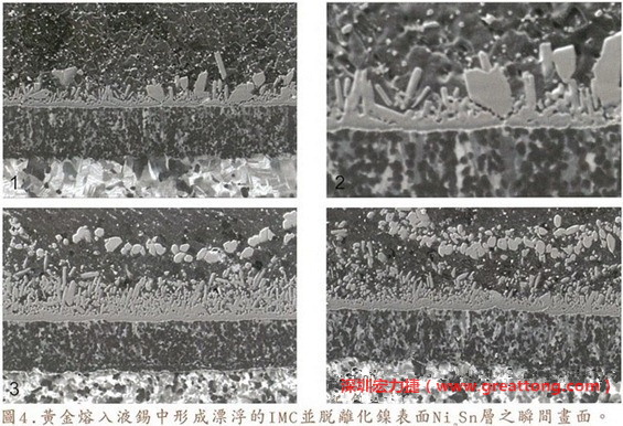 下面四張圖片為放大4500倍的SEM圖像，說明在回流焊爐熱量不足的情況下，黃金成份正要從鎳層分離融入焊錫之中的瞬間，當零件遭受外力沖擊的時候就極有可能從這一整排AuSn、、AuSn2或AuSn4的IMC處裂開。