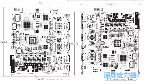 如圖7所示是使用不同數量邊條的拼板，拼板1僅使用了一個邊條，直接利用PCB另一邊作為SMT工藝傳送邊，并且PCB圖形中有合適的安裝孔；而拼板2則是按常規設計了兩個邊條。拼板方式為連接筋。圖中“Breakaway Tab”指邊條-深圳宏力捷