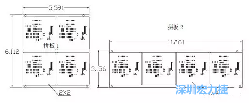 如圖9所示在兩種拼板中PCB單元的排列方式不同。拼板方式是V-CUT。這兩種拼板尺寸有明顯的的差異，將導致各自所需的生產拼板尺寸改變-深圳宏力捷