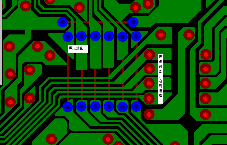 PCB設計焊點過密，易造成波峰連焊，焊點間漏電
