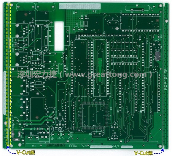 所謂【V-cut】是印刷電路板(PCB)廠商依據客戶的圖紙要求，事先在PCB的特定位置用轉盤刀具切割好的一條條分割線，其目的是為了方便后續SMT電路板組裝完成后的「分板(De-panel)」之用，因為其切割后的外型看起來就像個英文的【V】字型，因此得名。