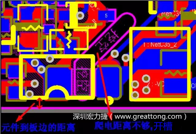 如果碰到模塊PCB空間有限，爬電距離不夠，可以采用開槽的方式