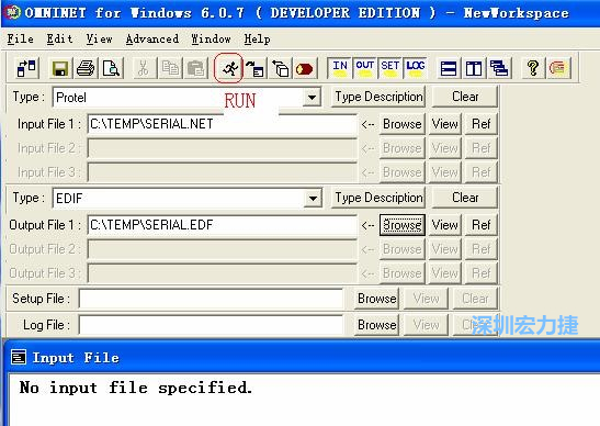 輸出文件類型(Type)選 EDIF。Output File 1 指定輸出文件的文件名和路徑。然后點擊 Run(跑動的小人)。