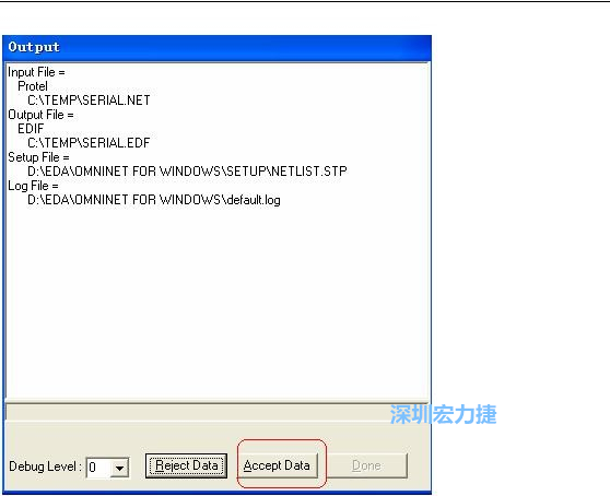 系統彈出一個輸出窗口，點擊 Accept Data。完成后點擊“確定”，再點擊“Done”關閉輸出窗口。退出 Omninet for Windows。