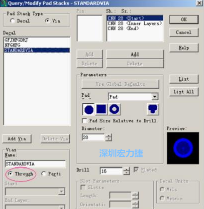 分析文件完成后，點擊菜單Setup→Pad Stacks調出焊盤堆設置窗口，將Pad Stack Type改為Via