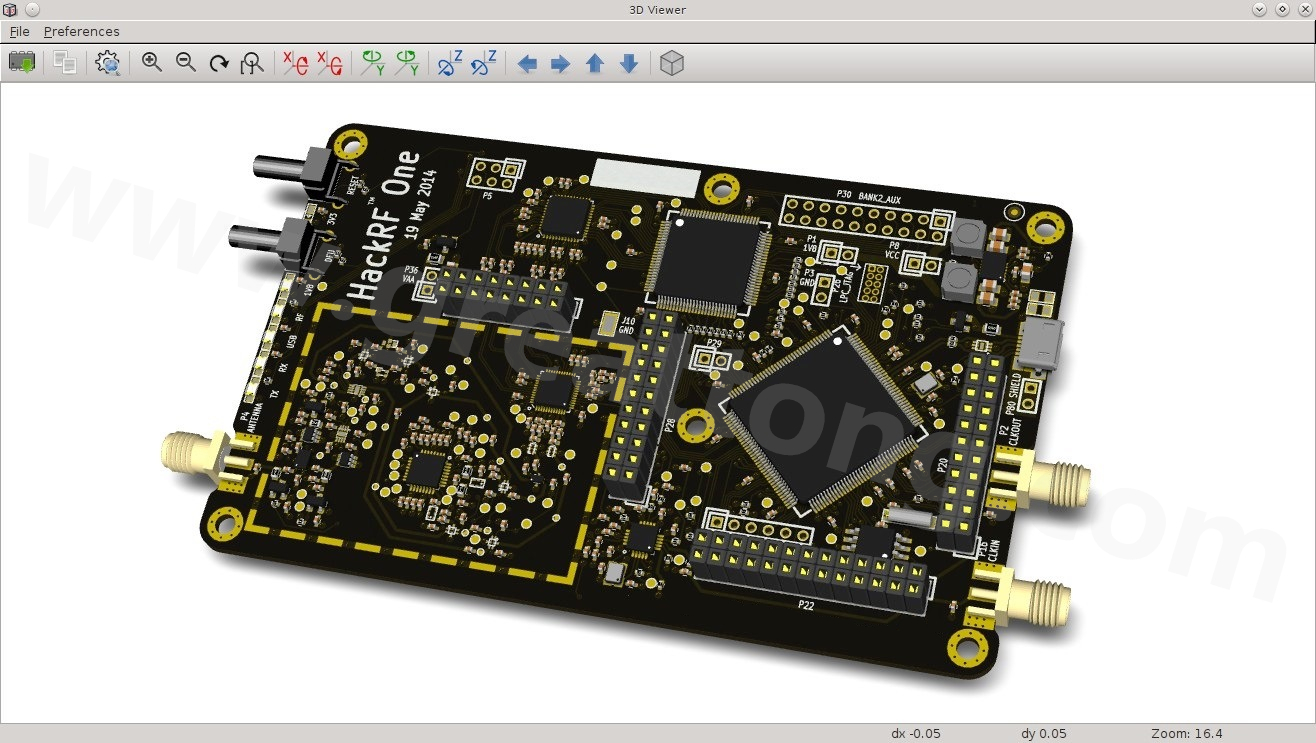 經KiCad軟體3D功能渲染過的HackRF One電路板。