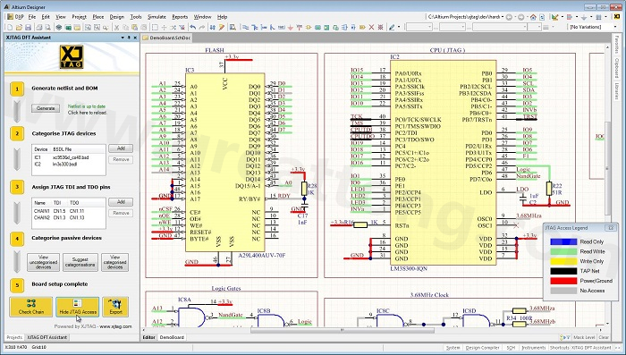 XJTAG DFT Assistant的Access Viewer模式可以清楚地顯示可用的測試存取層級，讓電路板設計人員在展開PCB布局以前的原理圖擷取階段盡可能地提高測試存取能力