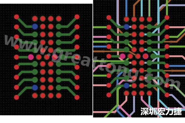 圖7：焊盤內過孔用于內部，而外部接腳在0.5mm閘格上扇出。圖7a顯示的是頂層(左)；圖7b顯示頂層和內部布線層(右)。