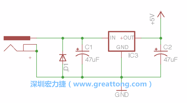 新增RBBB→Power_Jack，將它放在電壓調整器的輸入端旁邊。