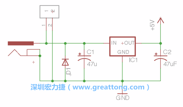 2.5.    新增一個二極體，它會以水平的狀態出現在屏幕上，請使用「旋轉（Rotate）」工具把它負極那一面朝上，并且用「網絡連接」工具將它連接在電壓調整器的輸入端和接地端之間。