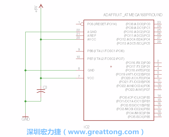 3.1.    新增微控制器晶片（RBBB → ATmega），把它放在電路原理圖的中央附近，把它的兩個接地接頭連接到接地訊號端。