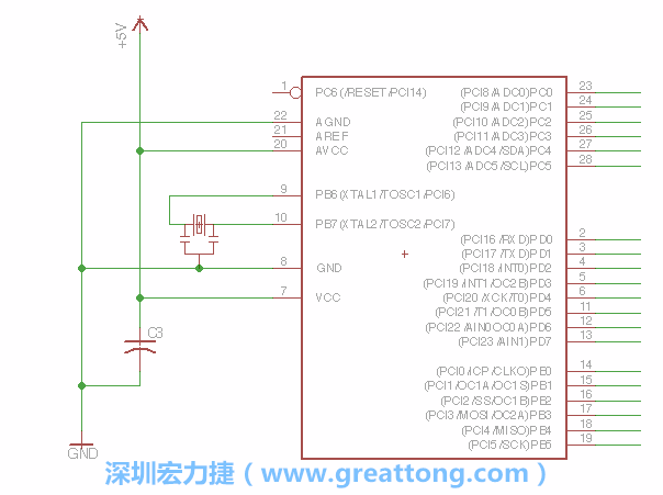 3.2.    在靠近ATmega的電源供應針腳7的位置放置一個0.1μF的電容，將它分別連接電源、接地端和針腳7。