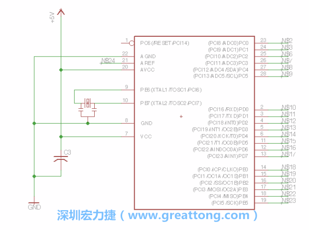 3.3.    將共鳴器（resonator）放置在針腳9和針腳10附近，將它的三個針腳連接如圖所示，并確認最中間的針腳有連到接地端。