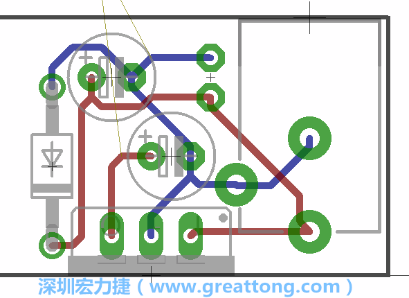 接地連結點的布線情形如下圖所示，利用這個練習來避免電路連線銳角化的產生是一個不錯的選擇，你可以在工具列中的彎曲線路（Wire Bend）選項里改變各種布線的變化。