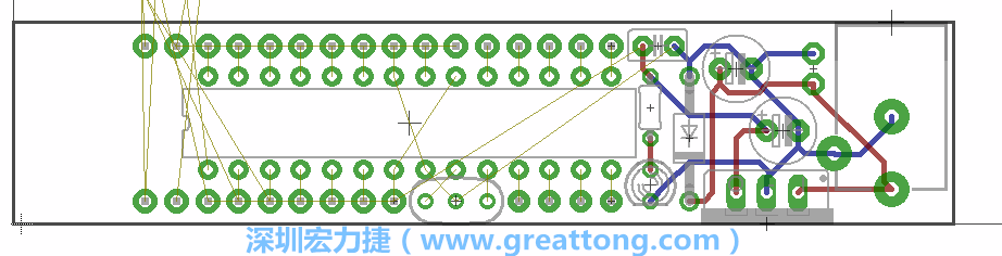 將ATmega微控制器、三個GPIO排針（JP2, JP3, JP4）和諧振器（resonator）排置如上圖所示。