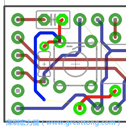 要在電路板正面進行+5V信號線連結和其他連結點的布線工作是非常容易的，而重置信號線（信號線用來連結電路板正面左邊的重置開關）需要經過一個可以通過電路板正反兩面的電路通道，這個通道是一個可以讓電路板正反兩面線路連接的一個小孔。
