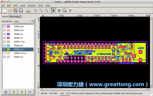 將圖層匯入你的Gerber預覽工具內（下圖為Gerbv），我通常會從上到下重新排列它們的順序，好讓我比較好校對：