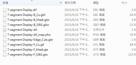 所謂Gerber檔，其實是包含一群檔案 (如下圖所示)，如包含正反面銅箔層 F.Cu B.Cu.，正反面文字面 F.Silkscreen ，B.Silkscreen，防焊層 SolderMask、板邊裁切Edge.Cuts 等。