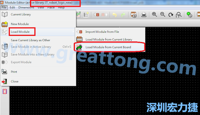 進入Module Editor去載入其他Footprint(Module)進來， 從目前的Active library (不過要先選取一個Current library ) 載入Module 或從目前正在編輯的PCB載入Module。
